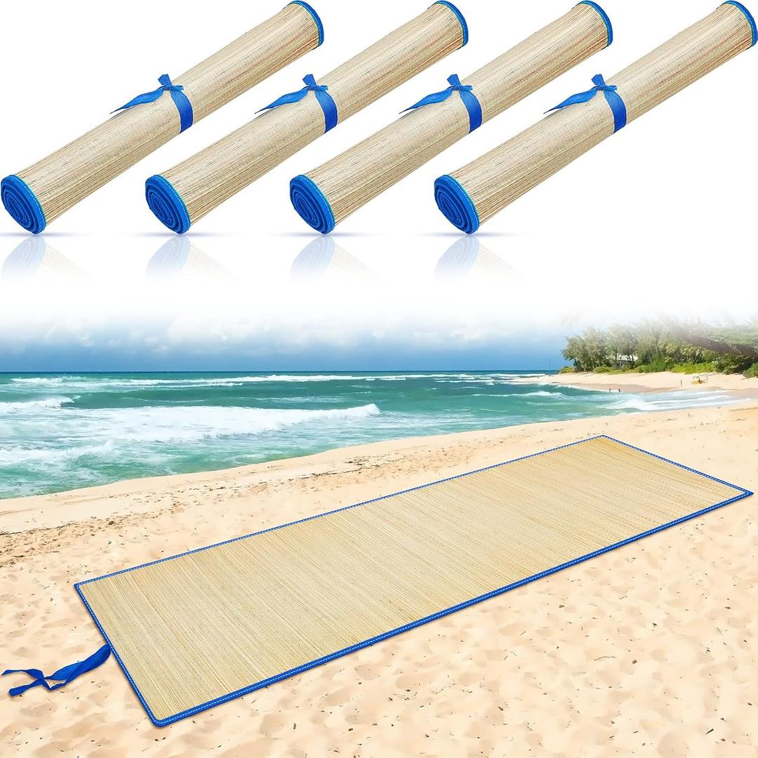 Qunclay 4 Packs Straw Beach Mat Waterproof Non Slip Straw Mat Foldable Lightweight Picnic Mat with Trim for Camping Sunbathing Picnic Floor Yoga, 70 x 24 Inch