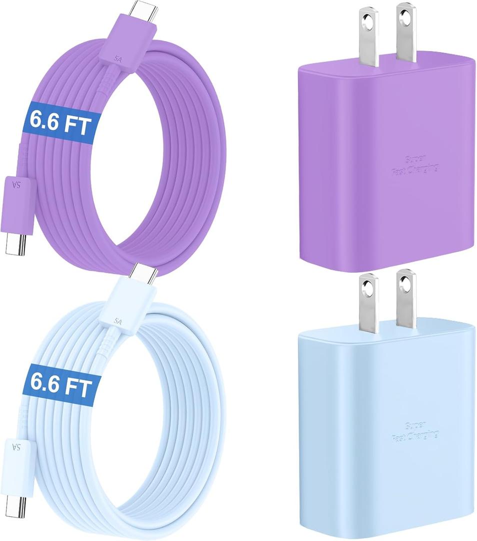 45W Super Fast Charger USB C Android Phone Type C Charger Fast Charging Block with 6.6FT Charge Cord for Samsung Galaxy S25 Ultra/S25+/S24 Ultra/S24+/S23 Ultra/S23+/S22/S21/S20/Note 10, Purple+Blue