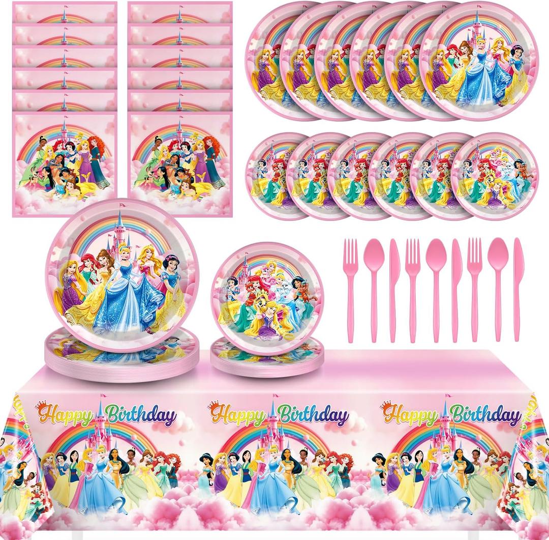 97 Pcs Princess Birthday Party Decorations, Princess Plates and Napkins Tableware for Party, Prin cess Decor Supplies Set for Girl Birthday Flower Fairytale Dinnerware Serve 16 Guests