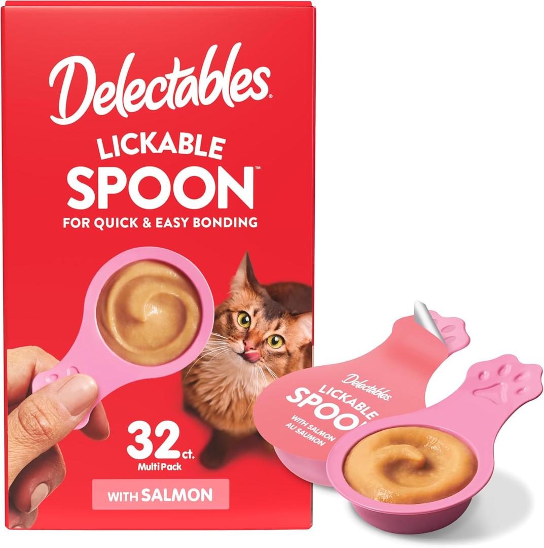 Delectables Lickable Spoon Handheld Wet Cat Treats Made with Real Salmon, Quick & Easy Creamy Puree, Mess Free, Grain-Free, No Added Fillers, No by-Products, No Added Preservatives, Salmon 32ct (EXP 03/17/28)
