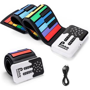 49 Key Roll Up Keyboard Piano, Portable Digital Electric Foldable Piano Keyboard, Rechargeable, 8 Tones, 6 Educational Demo Songs, for Beginners Gift (Rainbow)