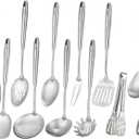 18/10 Stainless Steel Kitchen Utensils Set - 12 PCS All Metal Cooking Tools & 15 Serving Utensils - Potato Masher, Meat Fork, Tongs, Turner, Pasta, Serving Spoon, Skimmer, Ladle, Spatula Spoon Set (Silver)