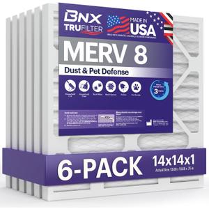 BNX TruFilter 14x14x1 Air Filter MERV 8 (6-Pack) - MADE IN USA  Dust & Pet Defense Pleated Air Conditioner HVAC AC Furnace Filters for Dust, Pet, Mold, Pollen MPR 600  700 & FPR 5
