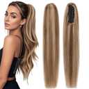 S-noilite Claw Clip Ponytail Extension Human Hair #4P27 Medium Brown Mix Dark Blonde Real Remy Human Hair Ponytail Extension 14inch Long Straight Hair Pony Tails Hair Extensions For Women 105Grams