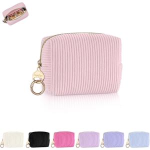 Playexen Mini Makeup Bag, Corduroy Small Cosmetic Bag for Purse with Ring Buckle, Portable Travel Makeup Pouch for Lipsticks, Chapsticks, Coin, Earphone, Credit Card (Pink)