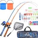 CODEK Kids Fishing Pole Set with Full Starter Kits 2 Set Portable Telescopic Fishing Rod and Spincast Reel Cambos with a Fishing Net and 2 Buckets for Boys Girls and Youth