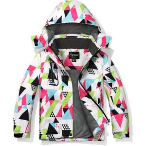 Spmor Girls' Waterproof Ski Jacket Warm Coat Windproof Winter Snowboarding Jacket (8, Geometric)