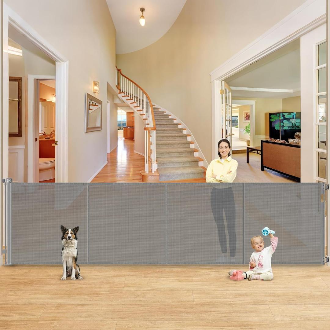 Reinforced size: 42" x 5'' Extra Wide Baby Gate Retractable Baby Gates Prevent Babies and Dogs from Squeezing Through Tall Retractable Dog Gate Outdoor 13.25ft Long Child Gates for Doorways,Gray