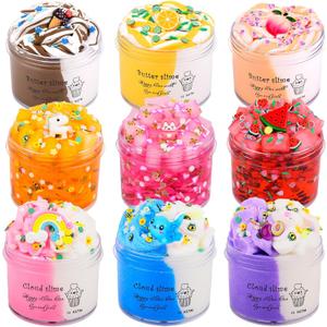 9 Pack Slime Kit, with 3 Jelly Cube Crunchy Slime 3 Butter Slime 3 Cloud Slime, Soft Non-Sticky, DIY Stress Relief Toys for Girl Boys, Birthday Gift, Party Favor