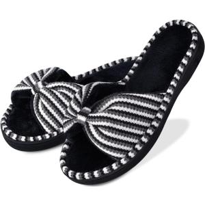 DL Women's Memory Foam Open Toe Slide Slippers with Cute Bow and Cozy Terry Lining, Slip-on House Shoes Spa Mules Sandals with Indoor Outdoor Rubber Sole (7-8, Black)