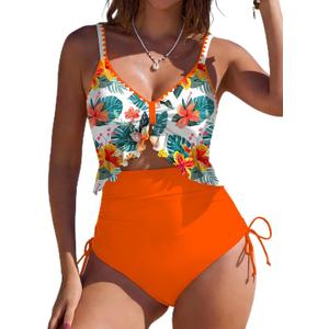 SHESHOW Women's Tummy Control One Piece Swimsuit High Waisted Cutout Ruffle Bathing Suit Color Block Swimsuits XXL