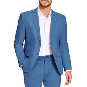 COOFANDY Men's 2 Piece Linen Suits Regular Fit Lightweight Summer Beach Wedding Linen Suit Set Blue XL