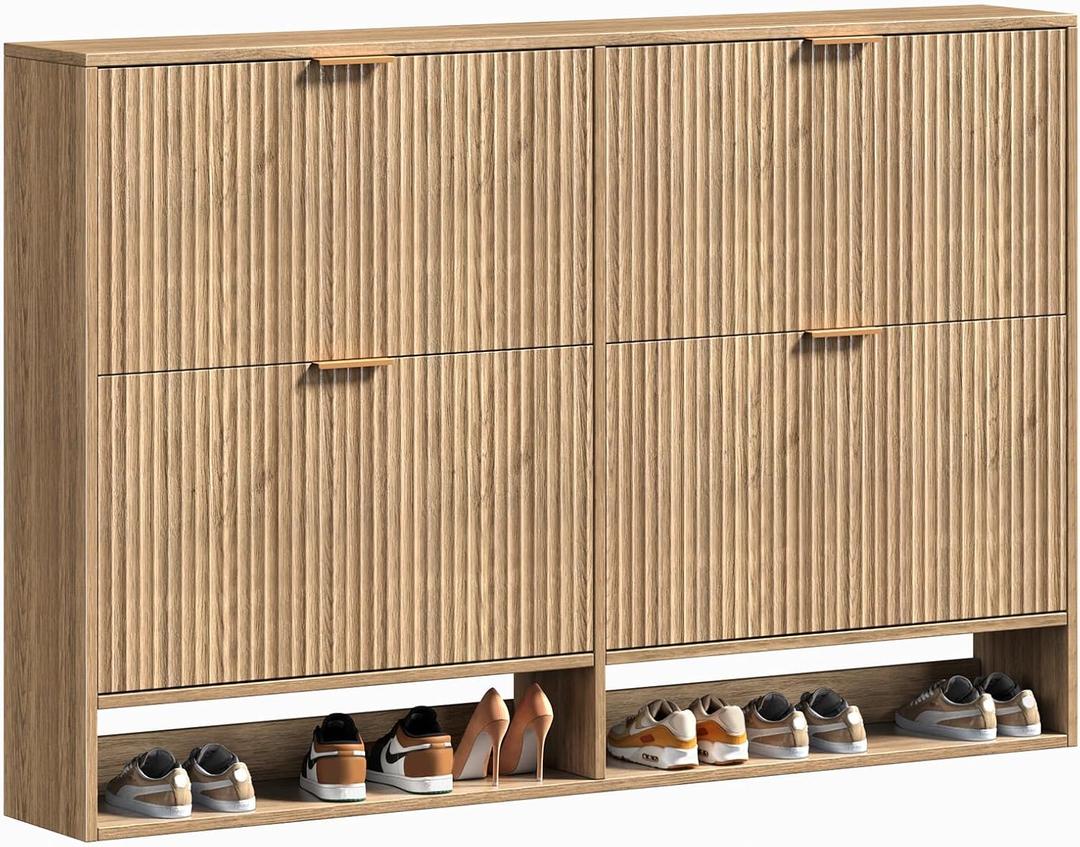 Hootata 47.2W Oak Shoe Storage Cabinet for Entryway with 4 Flip Drawers, Fluted Slim Shoe Cabinet, Free Standing Wooden Shoes Organizer for Foyer, Hallway