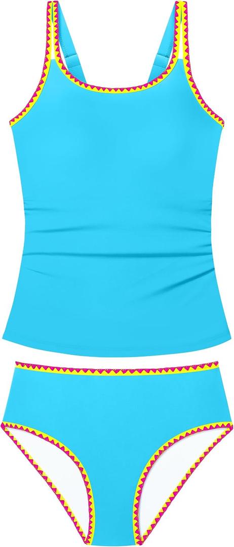 Girls Swimsuit Solid Color 2 Piece Bathing Suit Contrast Trim Girls Tankini Adjustable Straps Modest Swimwear 9-16y (Blue)