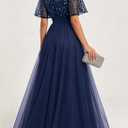 Formal Dresses for Women Prom Evening Gown Sequin Tulle V Neck Ruffle Short Sleeve Empire Waist A Line Long Dress (L)