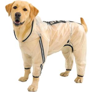 Olsa Dog Raincoat, Dog Hooded Slicker Poncho, 4 Legs Rain Jacket with Reflective Stripe, Transparent Water Proof Resistant Rain Snow Clothes for Small Medium Large (2XL, White)