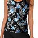Aleumdr Womens Athletic 3 Piece Tankini Swimsuits with Shorts Swim Tank Tops with Sports Bra and Boyshorts Bathing Suits (Medium, Black Floral)