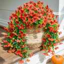 INSPRING Fall Fake Mums Artificial Flowers Hanging Decoration for Outdoors, 2Pcs Orange Daisy with Autumn Eucalyptus Leaves, Realistic Plants Decor, Silk Flower for Porch Patio Balcony Planter Yard