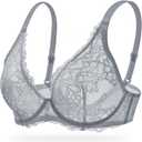 Wingslove Women's Sexy Bra Sheer Lace Bra Plunge Unlined Full Coverage See Through Underwire Bra (Gray)