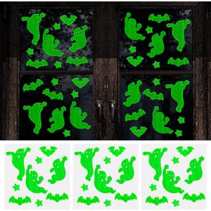 45 Pcs Halloween Glow in The Dark Gel Window Clings Green Luminous Ghosts Bats Stars Reusable Decals Glow Wall Stickers for Halloween Party Home Wall Window Mirror Decoration