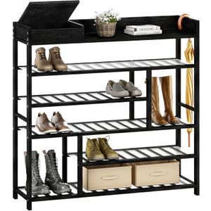 Large Bamboo Shoe Rack with Dust-Proof Pads Spacious 6-Tier Shoe Storage Organizer with Boot Rack and Storage Box Convenient Shoe Rack Shelf for Entryway Closet Black
