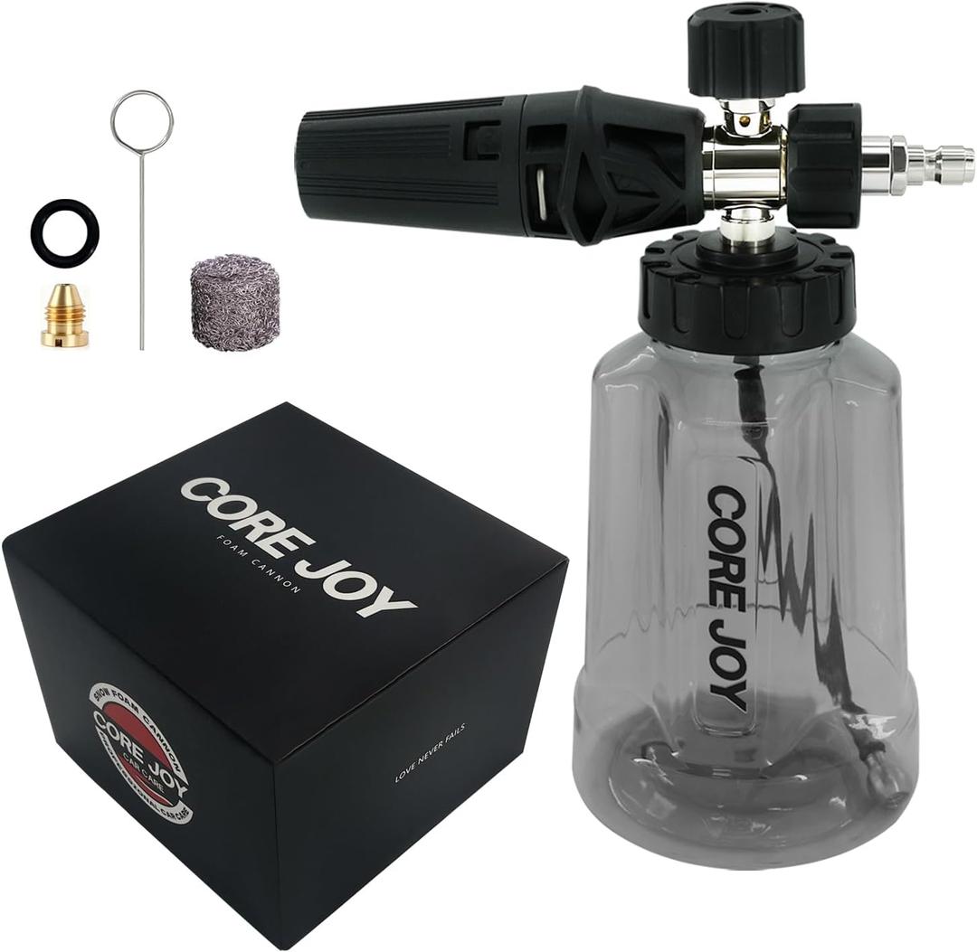 CORE JOY Professional Foam Cannon for Car Wash, Adjustable Spray Nozzle, 1L Soap Bottle