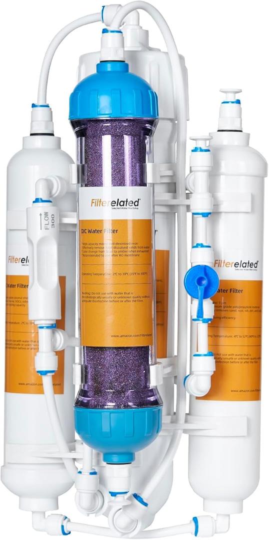 4-Stage Aquarium Reverse Osmosis System with Flushing Valve Portable RO+DI deionized Water Filtration,Colour Changing DI Filter,100 GPD-TDS Close to 0 ppm