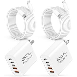 iPhone 17 16 15 Charger Fast Charging, 2 Pack 60W 5-Port USB C Fast Wall Charger Block Multiport Type C Brick Plug Adapter & 6FT Type C Charging Cable Cord for iPhone 17 16 15 Pro Max, MacBook, Galaxy