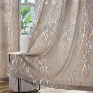 Kotile Silver Taupe Curtains 84 Inches Long for Living Room, Metallic Silver Foil Tree Branch Window Curtains, Grommet Top Privacy Semi-Sheer Curtains 2 Panels, 52 x 84 Inch Each, Taupe Silver