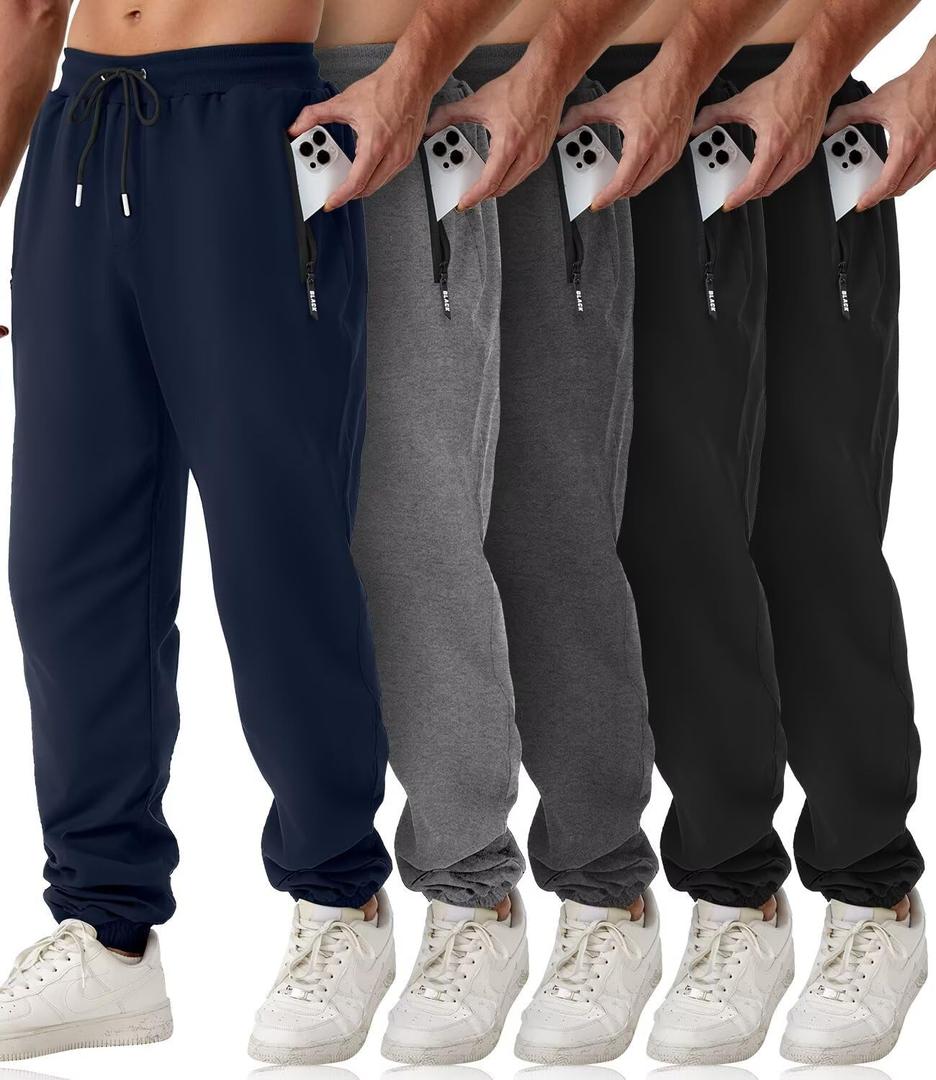 Mens Sweatpants with Zipper Pockets 5 Pack Athletic Joggers for Men Warm Slim Fit Track Workout Running Sweat Pants, L