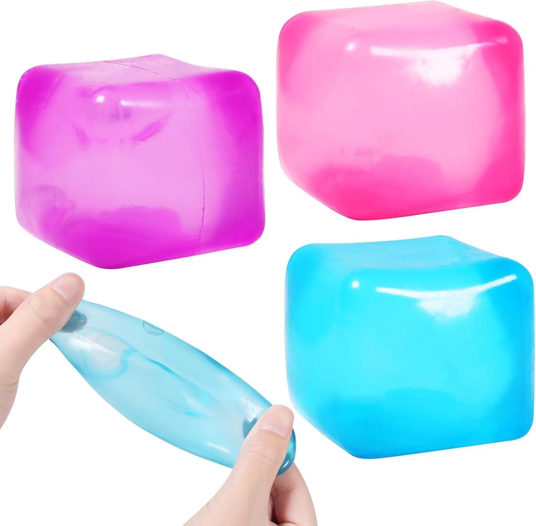 3pack Stress Cube Squishy Stress Balls for Kids Ice Cubes Squishy for Adults Fidget Toy for Your Best Mellow and Chill Square Shape with Filling in Pink Purple Blue for All Age (3pcs)