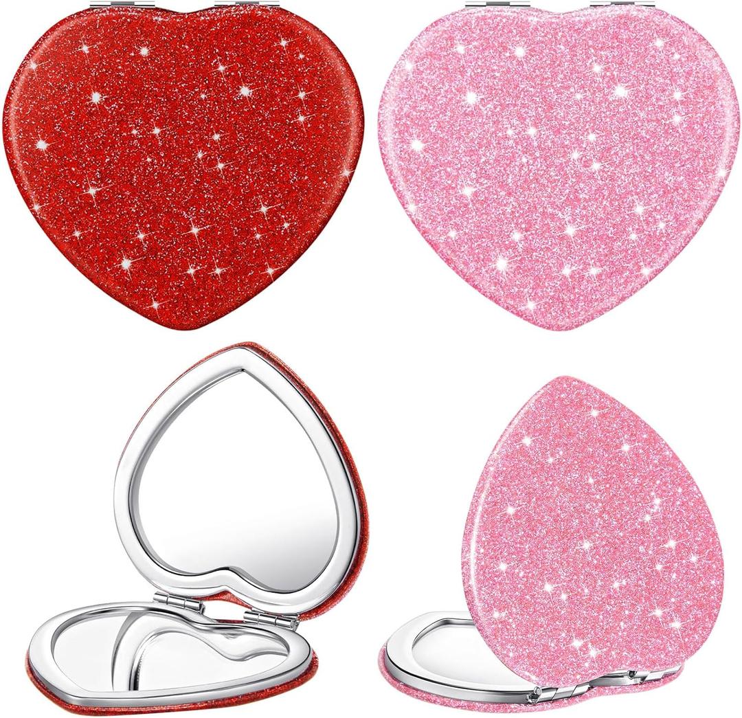 Geelin 6 Pcs Valentine's Day Heart Compact Folding Mirror Galentine Double Sided Mini Vanity Mirror Portable Travel Makeup for Purse Cute Glitter Cosmetic Looking Glass for Women Mom (Red)