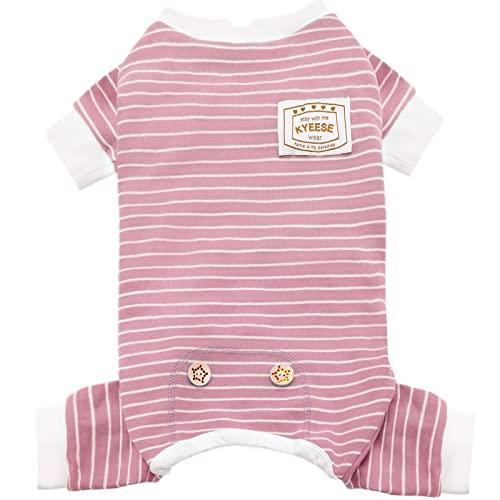 KYEESE Dog Pajamas Soft 4 Legs Doggie Jammies Striped Dog PJS Pet Jumpsuit Lightweight Puppy PJS Clothes Breathable Pajamas Stretchable Outfit Cozy Onesie Sleepwear for Summer,Pink Striped, Small