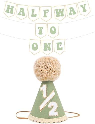 Half Way To One Decorations for Boy Girls, 1/2 Birthday Hat And Pre-strung Half Birthday Banner For Six Months Ha-lf Year BD Decorations
