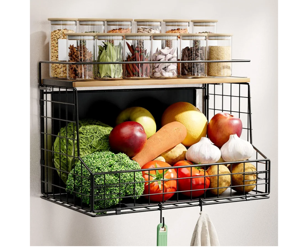 Magnetic Shelf for Fridge, Large Container Magnetic Spice Rack for Refrigerator, Fruit Potato and Onion Storage Bins, Magnetic Basket with Wood Lid, Kitchen Counter, Cabinet