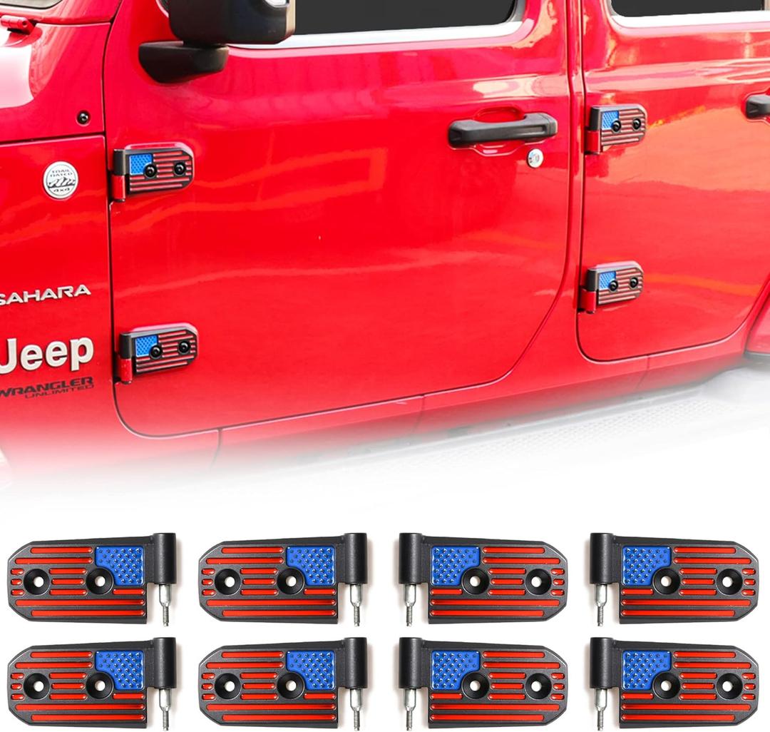 JL Aluminum Door Hinge Kit Compatible with 2018-2025 Jeep Wrangler JL JLU Gladiator JT Unlimited Rubicon Sahara Sports Accessories, Original Factory Hinges Sleeve Replacement, 8Pcs, Color Red