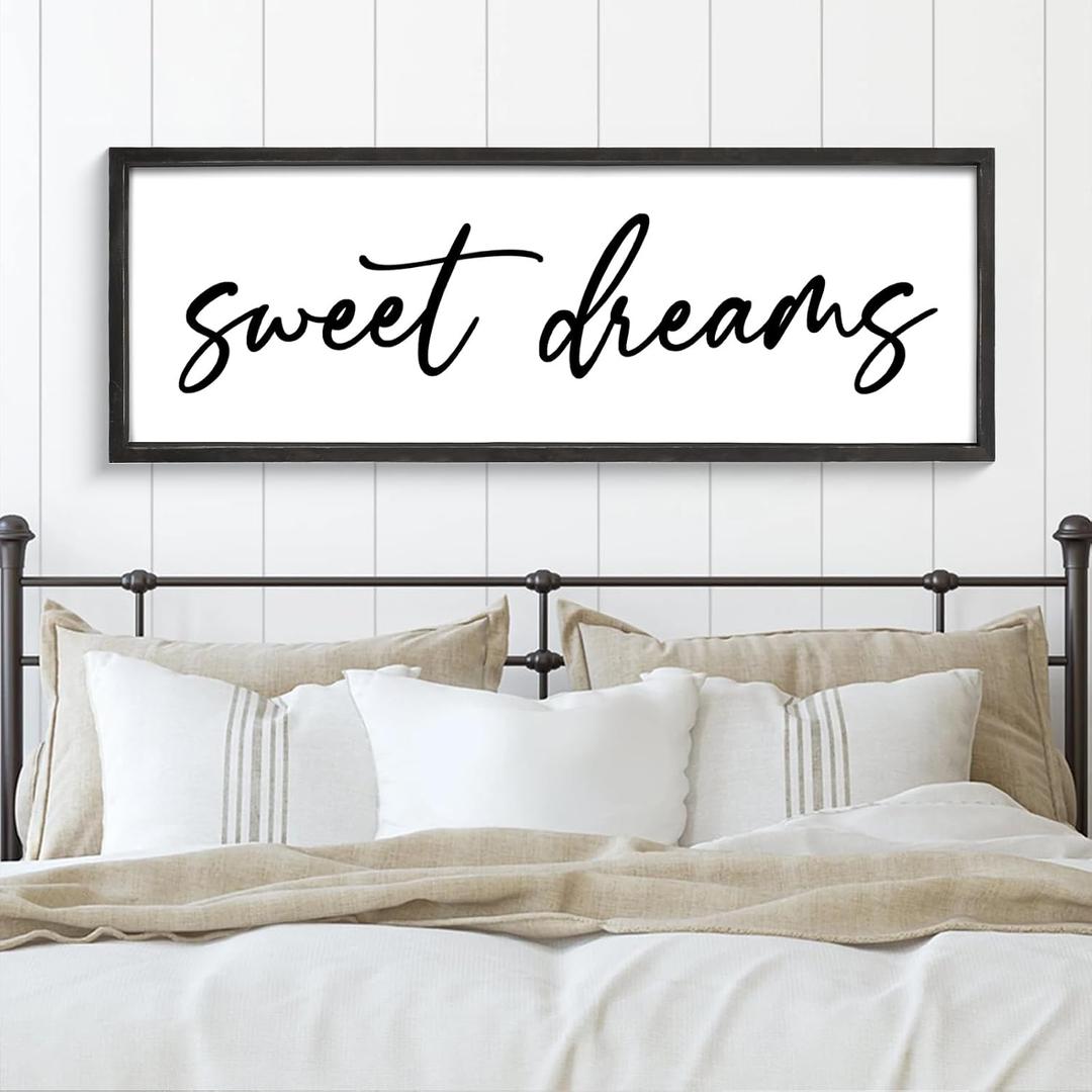 Sweet Dreams Wall Decor Above Bed 42''×15'' Large Bedroom Sign Farmhouse Bedroom Wall Sign Wood Framed Guest Room Decor Master Bedroom Wall Decoration (Black)