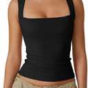 QINSEN Women's Square Neck Sleeveless Double-Layer Tank Tops Basic Tight T Shirts (Large, Black)
