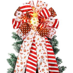 Thiccywoov Christmas Tree Topper 12 x 45'' Large Christmas Bows with Glitter Large Gingerbread Man Toppers Decorative Gift Bows for Wreaths Thanksgiving Xmas Tree Ornament