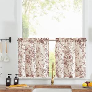 jinchan Floral Linen Tier Curtains Floral Brick Red on Beige Cafe Curtains 24 Inch Length Kitchen Living Room Bedroom Bathroom Farmhouse Rustic Country Rod Pocket 2 Panels