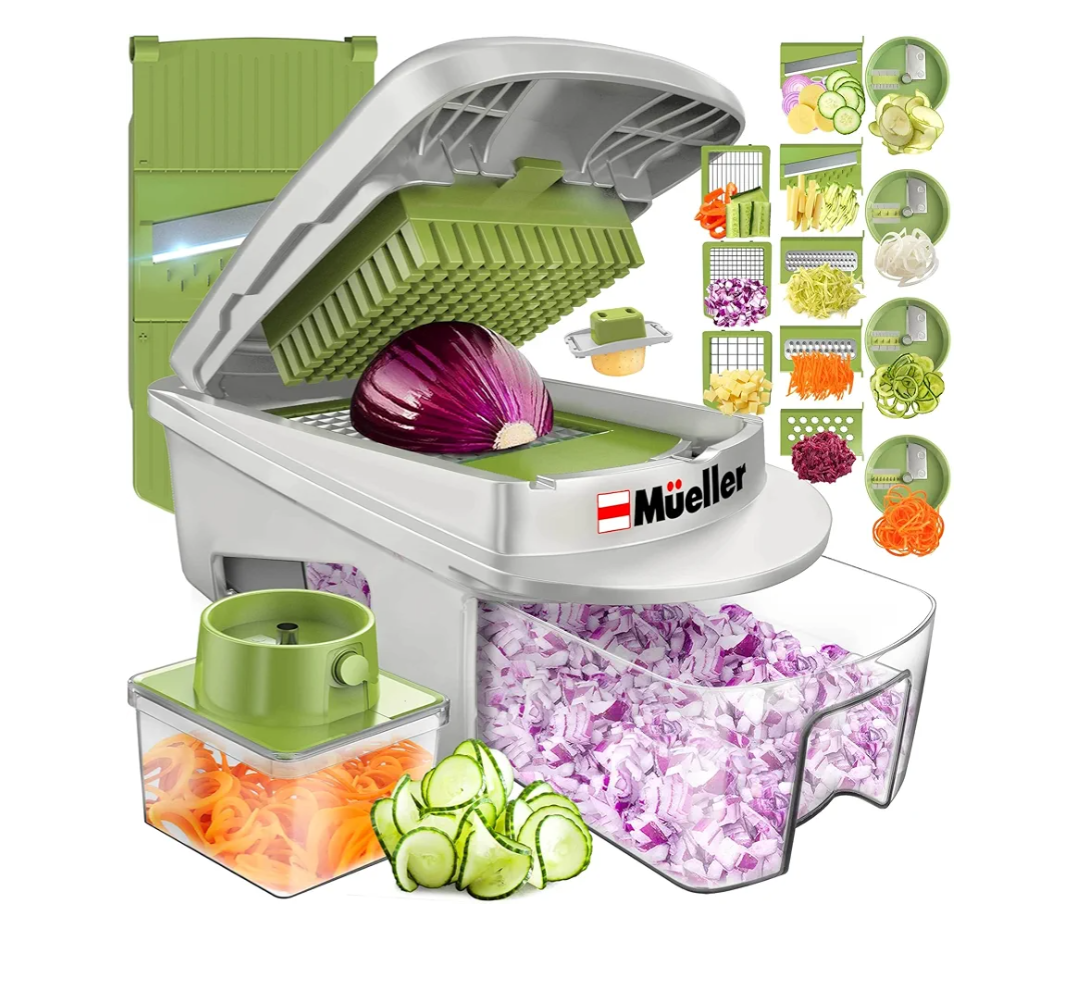 Mueller Pro-Series All-in-One, 12 Blade Mandoline Slicer for Kitchen, Food Chopper, Cucumber Slicer and Spiralizer, Cutter, Dicer, Grater, Gifts for Mom, Kitchen Essentials, White Sand/Green