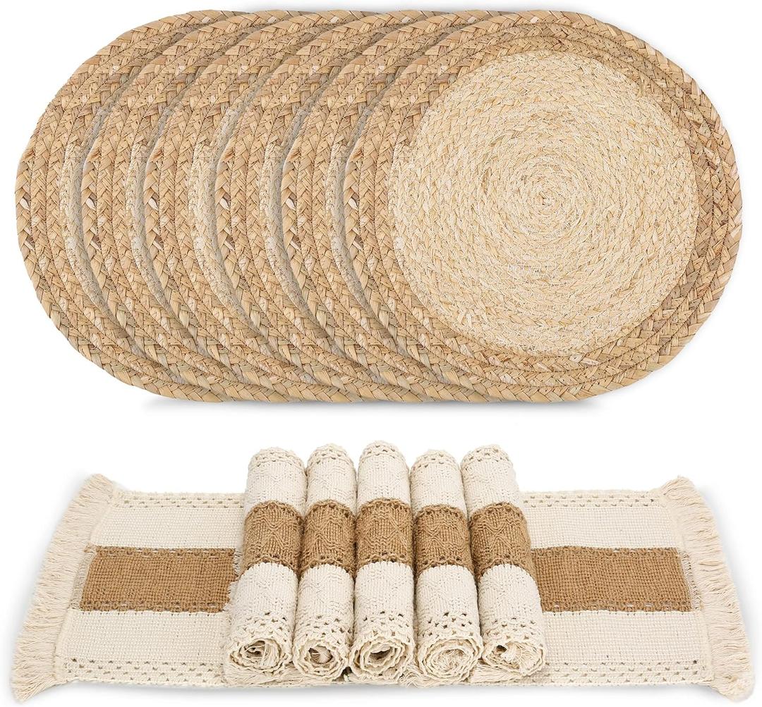 Handmade Boho Placemats Set of 6 - Natural Cotton Burlap and Water Straw Woven Combination Table Mats, Macrame Dcor and Farmhouse Style Placemats, for Dining Table Kitchen