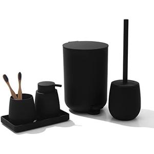GAHEFY Black Bathroom Accessories Set with Small Trash Can 3 Liter/0.8 Gallon,Toothbrush Holder,Soap Dispenser,Vanity Tray,Toilet Brush and Holder Black 5pcs