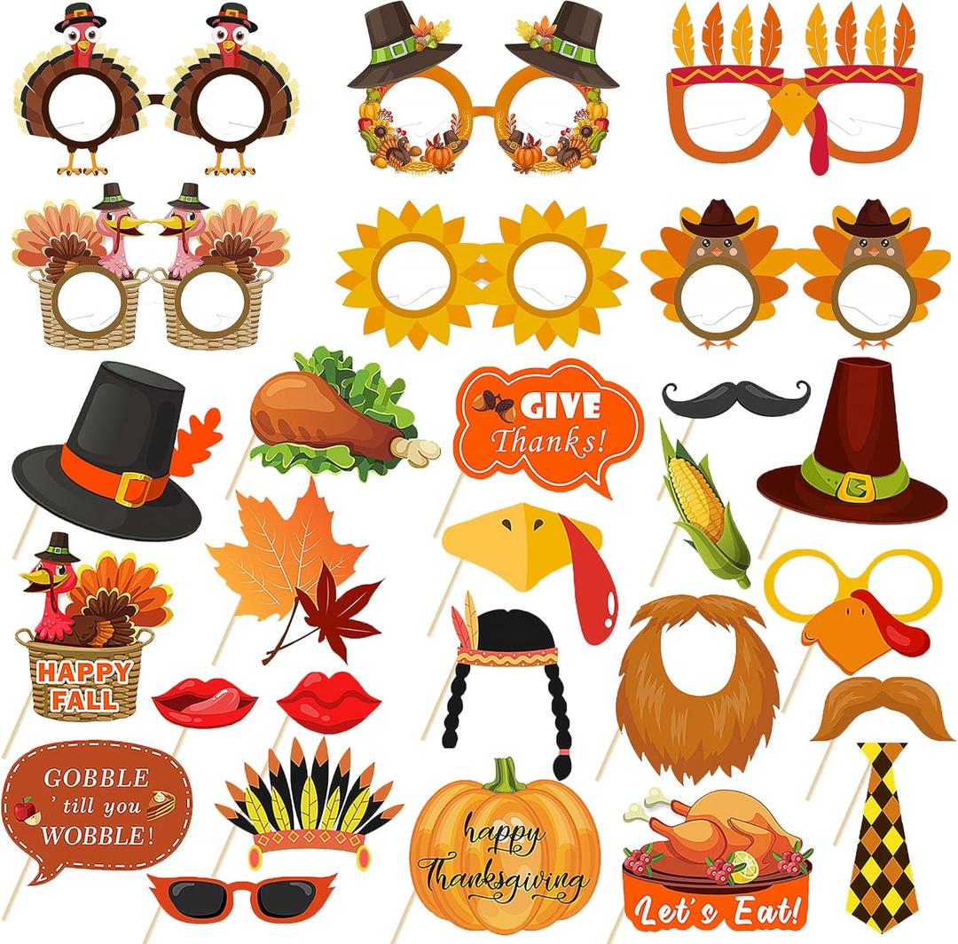 Lucleag Fall Photo Booth Props, 21Pcs Turkey Maple Leaf Pumpkin Photo Props Photo & 6Pcs Party Photo Glasses for Thanksgiving Party Decoration, Photo Props for Thanksgiving Fall Party Supplies