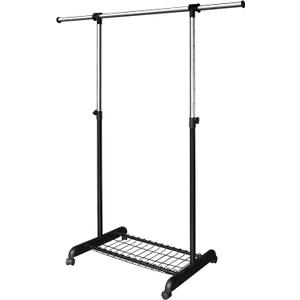 LiaMeE Adjustable Clothing Rack for Hanging Clothes, Heavy Duty Garment Rack with WheelsFree Standing Rolling Clothes Rack with Shelf & Grid, Easy Assembly Standard Rod, Black & Chrome