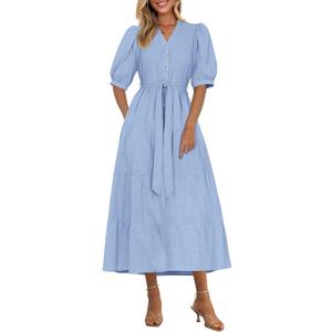 PRETTYGARDEN Summer Dresses for Women 2026 Elegant Classy Short Sleeve V Neck Ruffle A Line Belted Long Beach Vacation Dress (Blue, XXL)