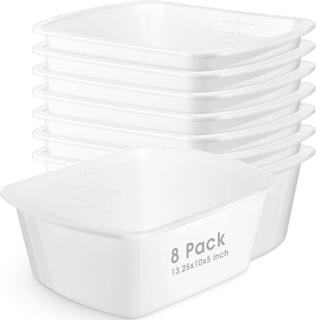 Honeydak 8 Pack Wash Basins Plastic Wash Tub White 7 Quart Graduated Buckets Rectangular Plastic Hospital Bedside Soaking Tub Washing Basin for Cleaning Foot Bath Washing Dishes Face Cleansing
