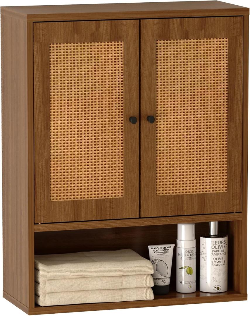 Bathroom Storage Cabinet,Rattan Cabinet Boho Chic Medicine Cabinet Over The Toilet Storage 3-Tier Cabinet Wall Mount with Double-Door for Kitchen,Dining Room,Living Room 19 x 7.68 x 24 in, 19.0x 7.68x24 in