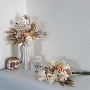 Artificial Floral and Artificial Plants 12 Pcs , Champagne Roses White Roses with Dried Palm Leaves, Wedding Centerpieces,Table Decor,Home Decor & DIY Bouquets (Peach)