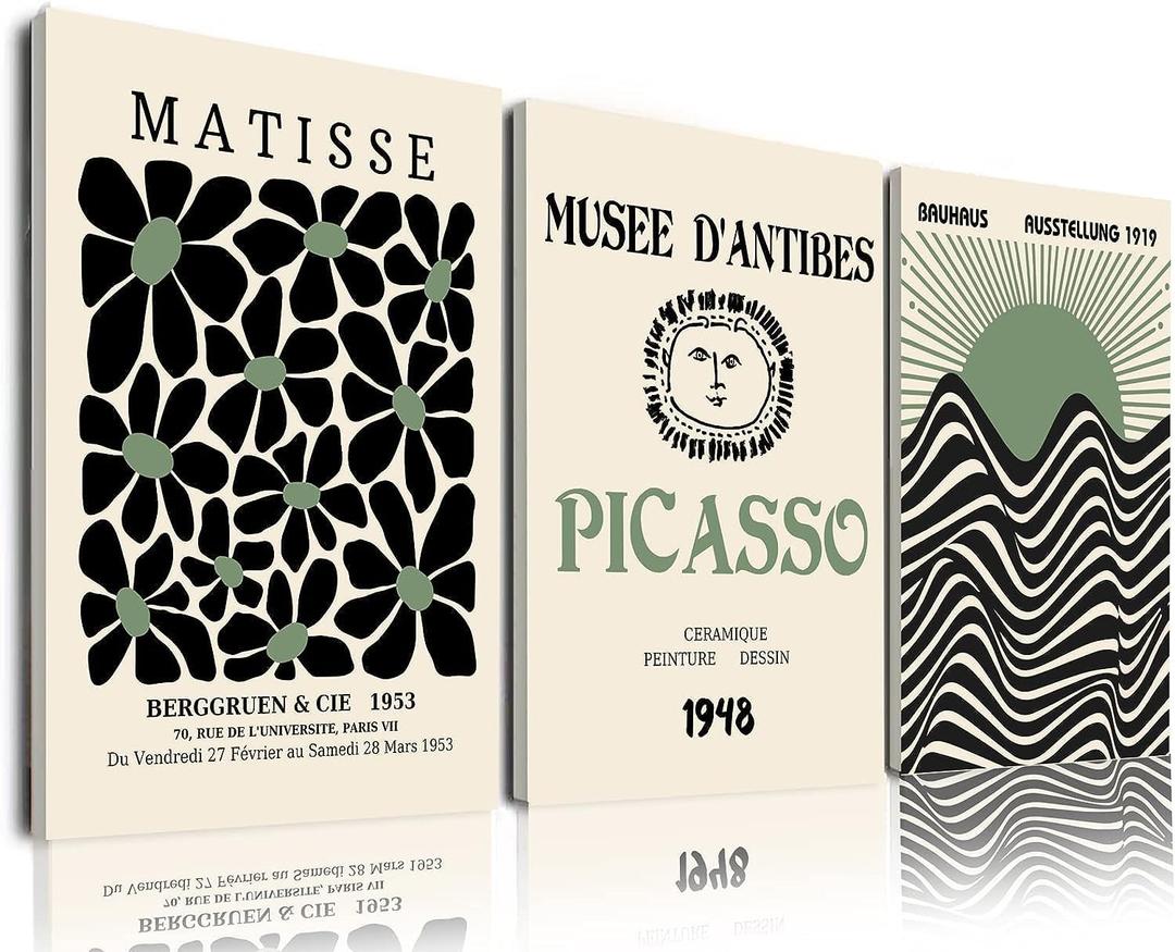 Framed Sage Green Wall Art Set of 3, Abstract Matisse Canvas Wall Decor, 16x24Inchx3pcs-Framed
